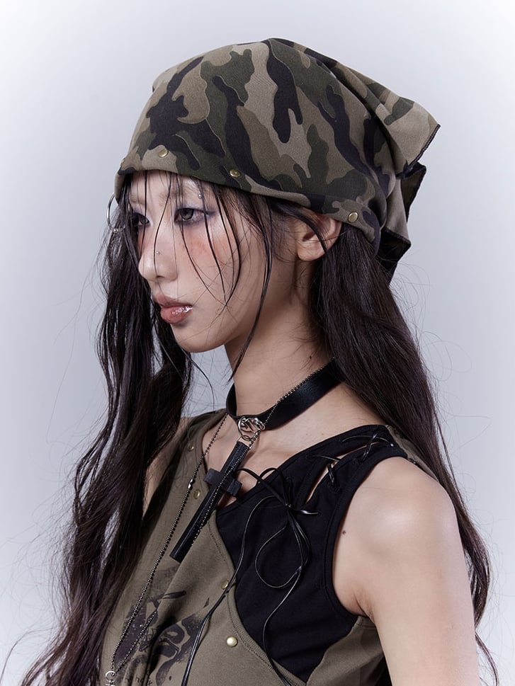 パンク風ダメージスタッズ三角迷彩柄ウェイストランドスカーフ