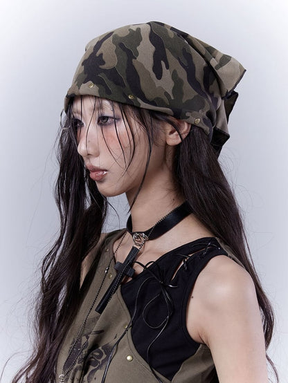 パンク風ダメージスタッズ三角迷彩柄ウェイストランドスカーフ