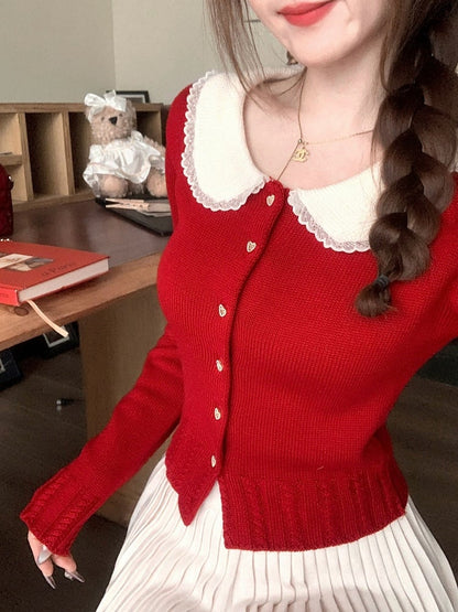 Red Knit Peter Pan Collar Cardigan with Lace - Qchiwawameme