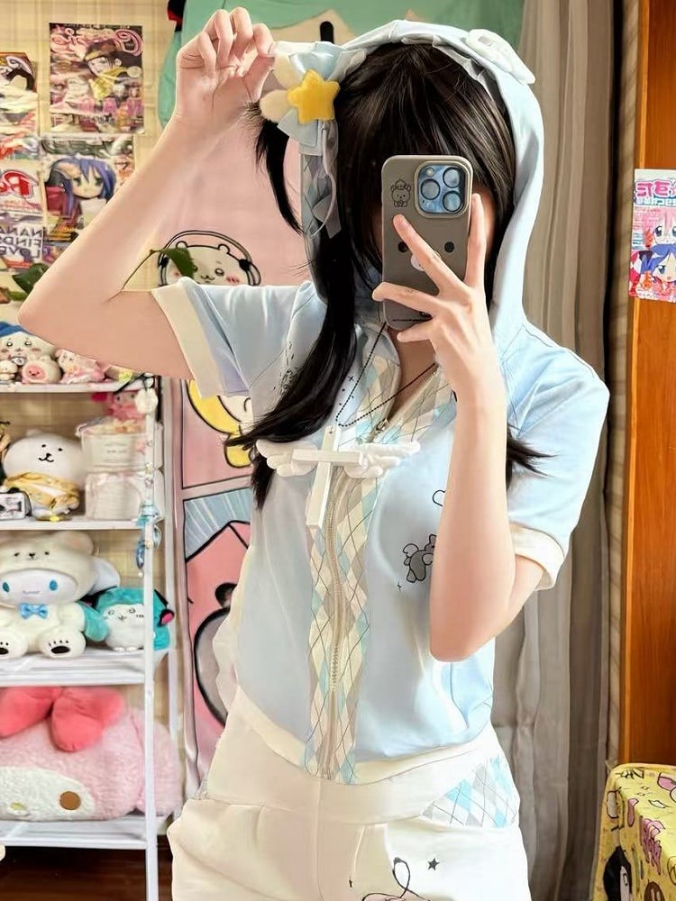 Blue Bear T-shirt Diamond Pattern Ear Kaiwai Cat Tenshi Light Print Hoodie