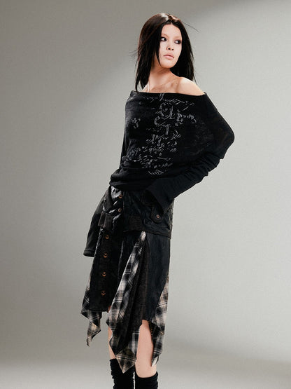 Vintage Print Totem Knit Off-Shoulder Punk Black Top Loose Fit