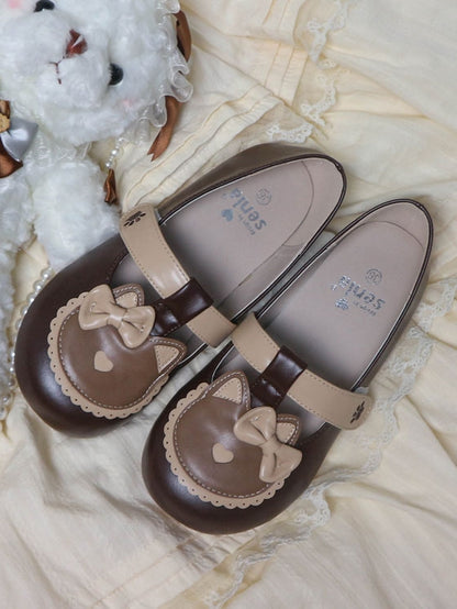 PU Kitty Sweet Closures - Flats Scalloped Hem Brown Velcro at Top Embroidery Cat Paw Strap