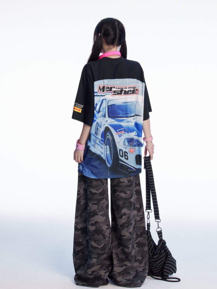 Blau Schwarz und T-Shirt Colorblock V-Ausschnitt Racing Print Loses Design