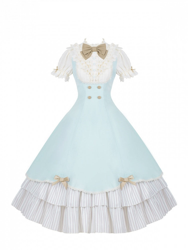 Puff-Sleeve Long Lolita Dress in Beige and Blue with Scalloped Hem and Butterfly Bows - With PUJI