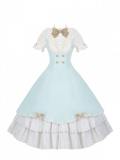 Puff-Sleeve Long Lolita Dress in Beige and Blue with Scalloped Hem and Butterfly Bows - With PUJI
