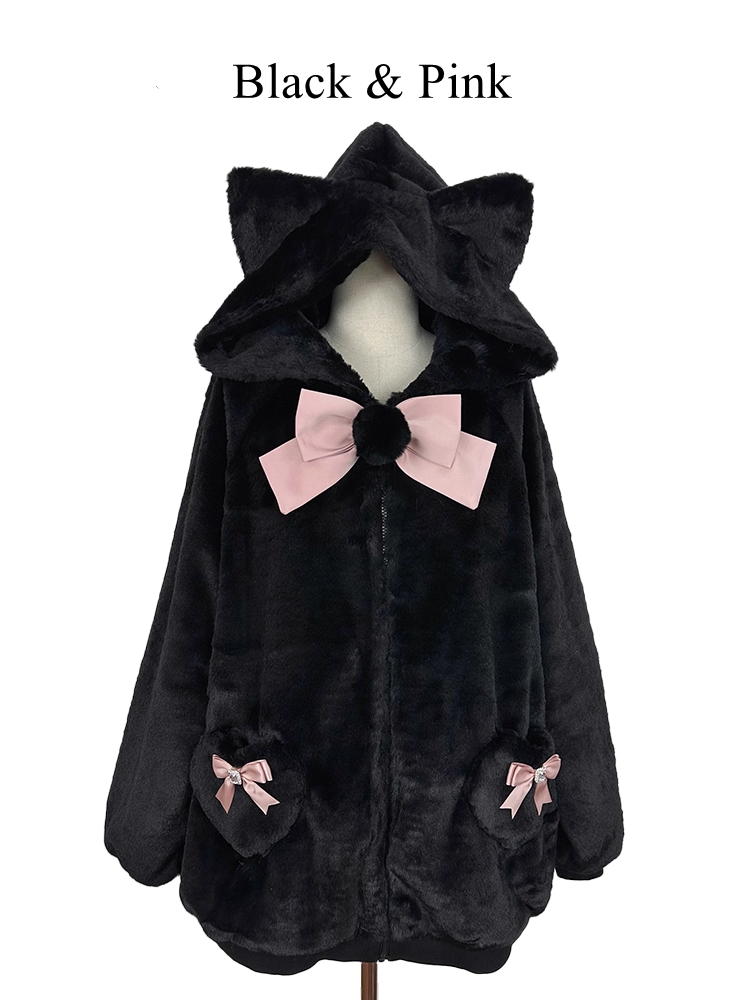 12 Kitty-Ear Jacket Bows Detachable Hooded with Pompom Jirai Available Colors Plush Kei