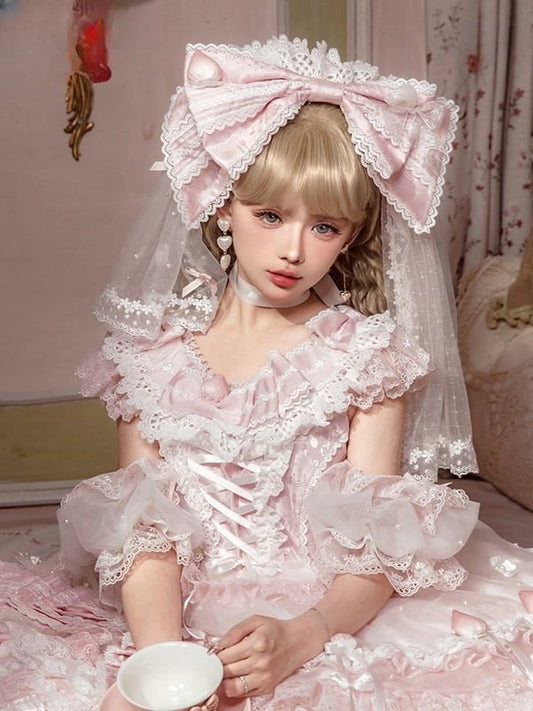Large Bow Lolita Veil Head Pink/Red
