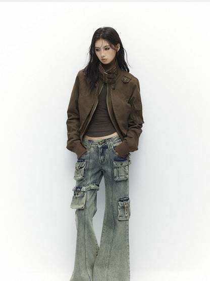 Khaki - Neck Cinching Jacket Vintage Mock Waist