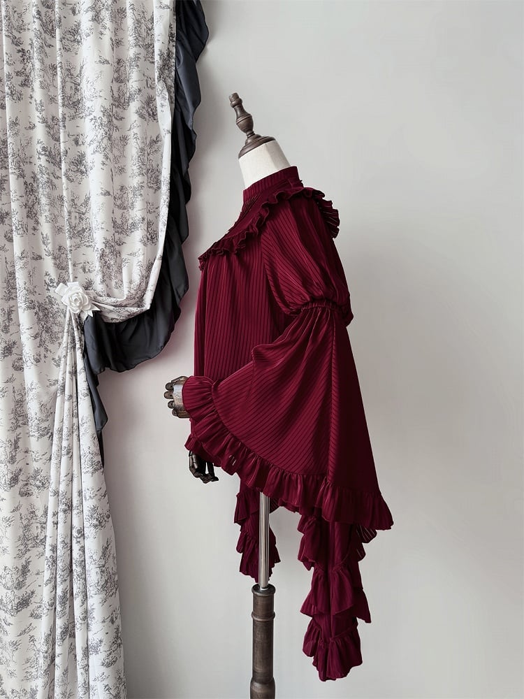 Striped Bell Fabric Gothic Blouse Sleeves Red Flounce