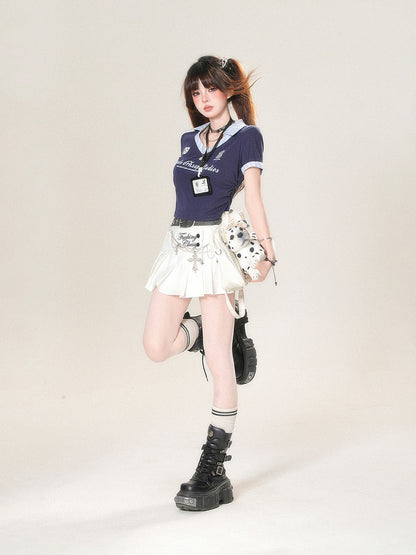 Tag Two-Piece Blue with Tee - Faux Cropped Name Preppy Dark Complimentary