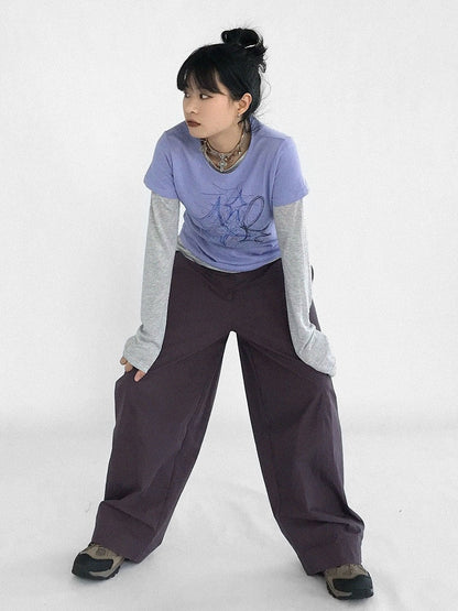 T-Shirt Short Y2K Print Round Version Sleeve Purple with - Graffiti Neck