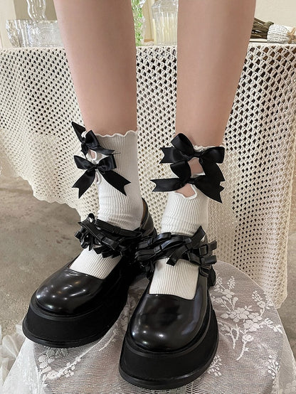 Cotton Trim Colors Socks Cut-out Ruffled with Design 4 Bow Decoration Swallowtail