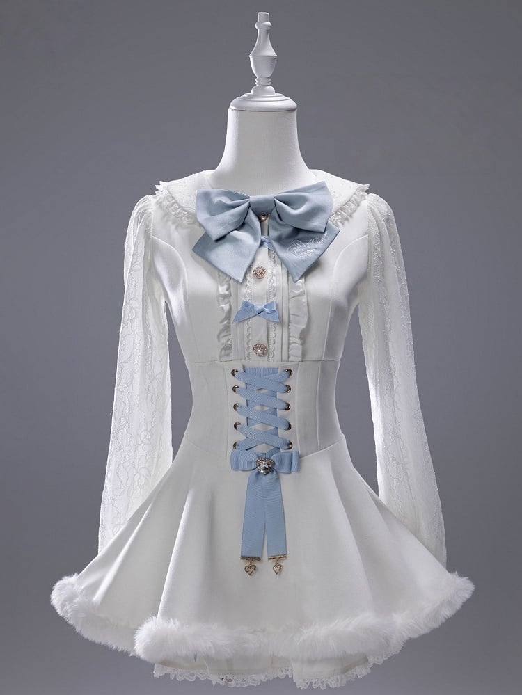 White Landmine Dress Blue Matching Shorts Plush Set Bunny Bow Ear Brooch Style Full Cape Lace +