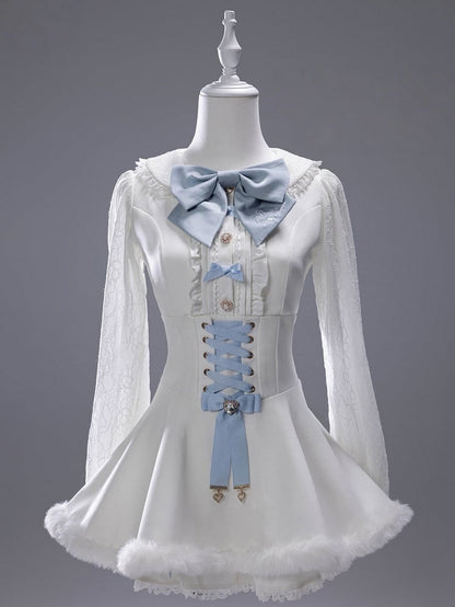 White Landmine Dress Blue Matching Shorts Plush Set Bunny Bow Ear Brooch Style Full Cape Lace +