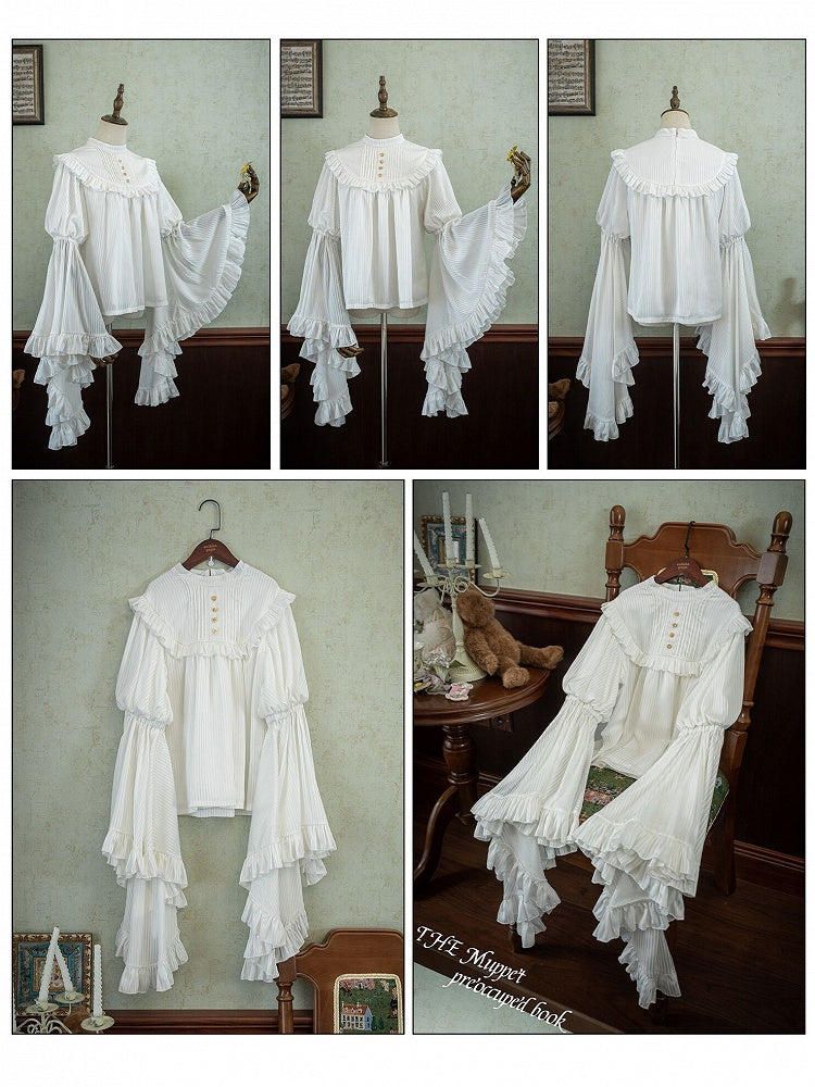 Sleeves Bell Blouse Trim Flounce White Gothic