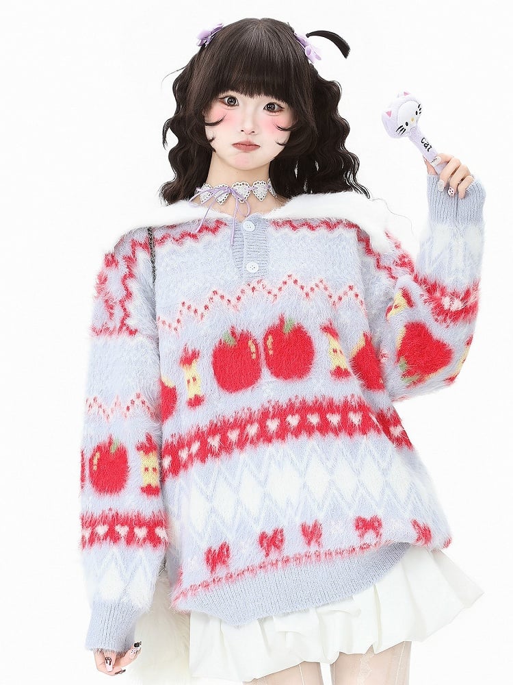 Daily Christmas Apple in Purple Bow with Pink/Light Patterns Kawaii Sweater
