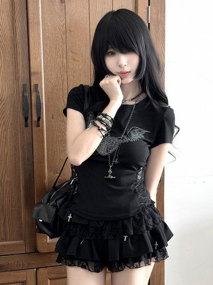 Black Wing Heart Print Tee with Lace Accents - Kyouko Baby
