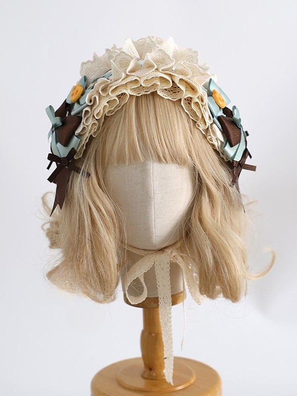 Lolita Haarband verziert Cookie Sweet BlueBrown Rüschendetails Bowknot
