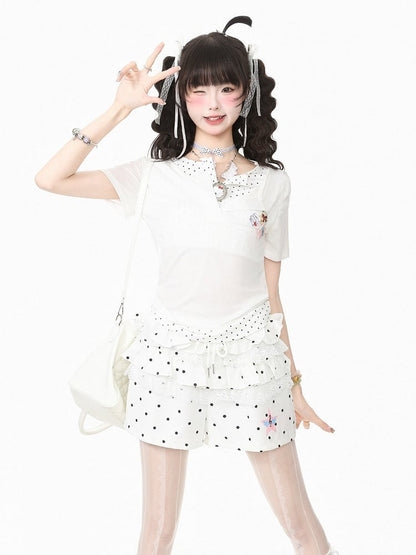 Casual White Two-Piece Polka Dot Tee with Emblem - Languid Park