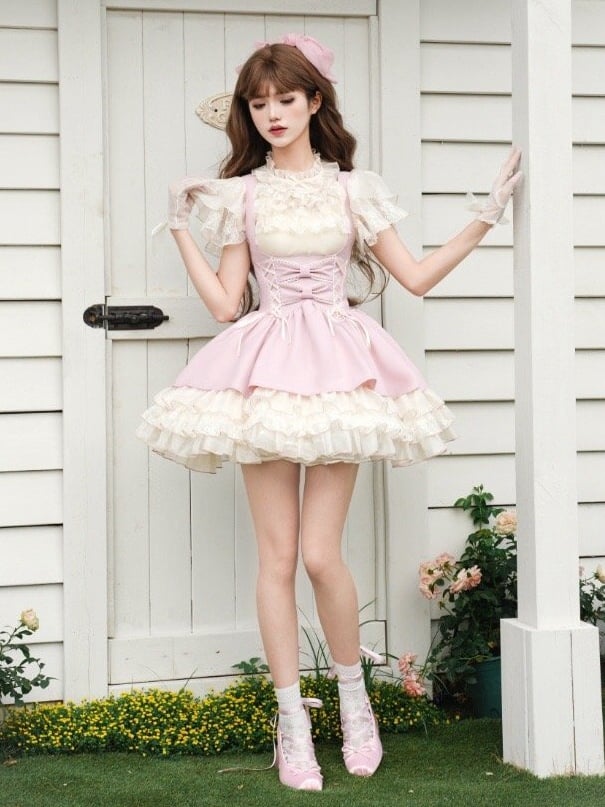 3つのフリル付きロリータジャンパー裾スカートピンクバストレイヤー