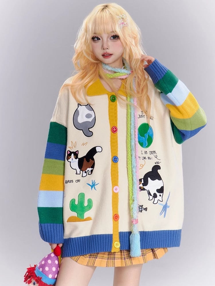 Kawaii Light Apricot Cardigan with Cat Contrast Polo Collar