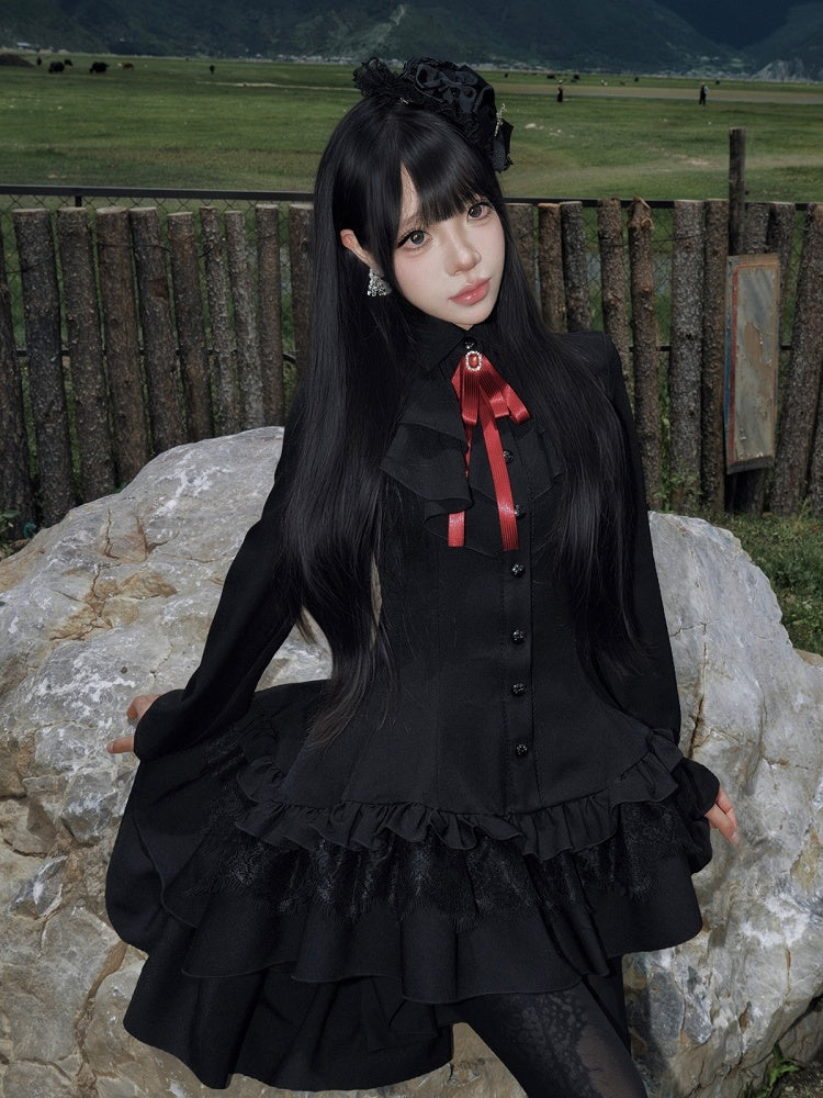 High-Low Ruffled Lolita Dress with Red Bow Tie, Long Sleeve Black for Autumn - muggle studio
