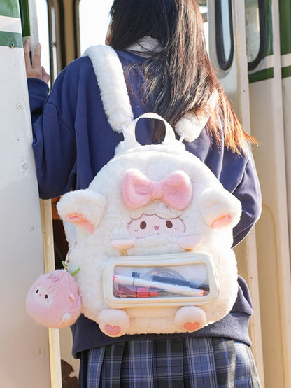 White Lamb-shaped Bowknot Heart Plush Backpack With A Detachable Pencil Case