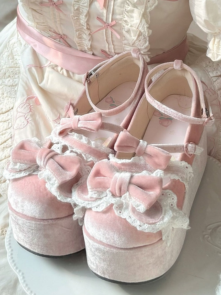 Sweet Cute Mary Bear Velvet Accents Bow Pink Janes Platform -