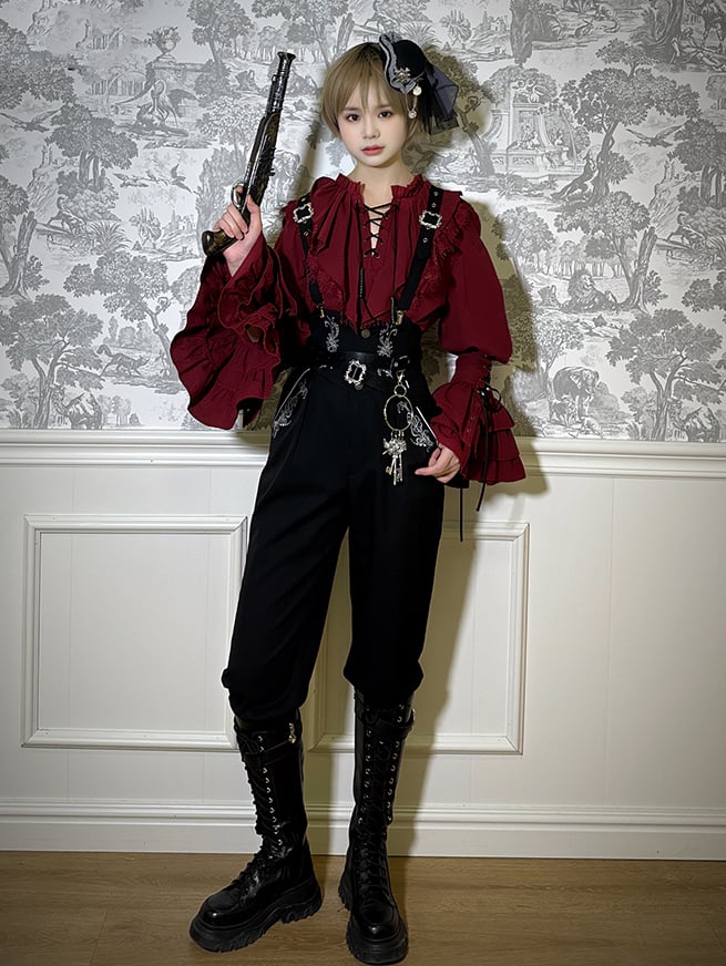 Black Pants Belt with Straps Corset Waist Lolita Ouji High
