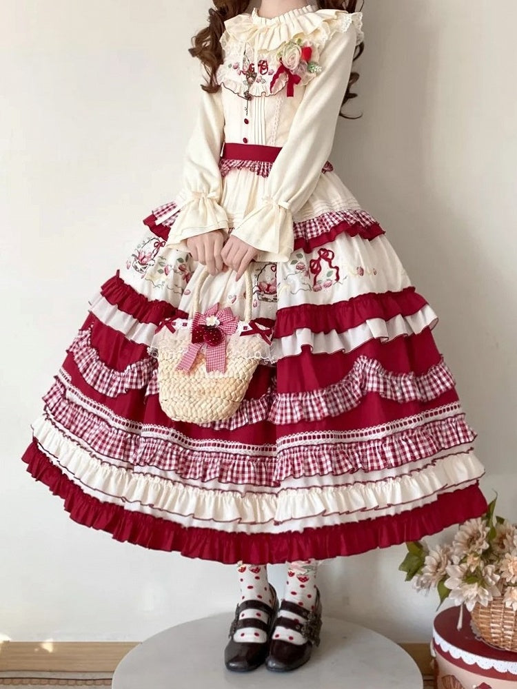 White Strawberry Dress Embroidery Red Ruffles Layered Sweet with Lolita
