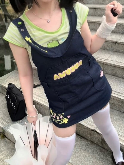 Closure Denim Back Daily Dress Shoulder with Zipper Straps Overall Snap-button Kawaii