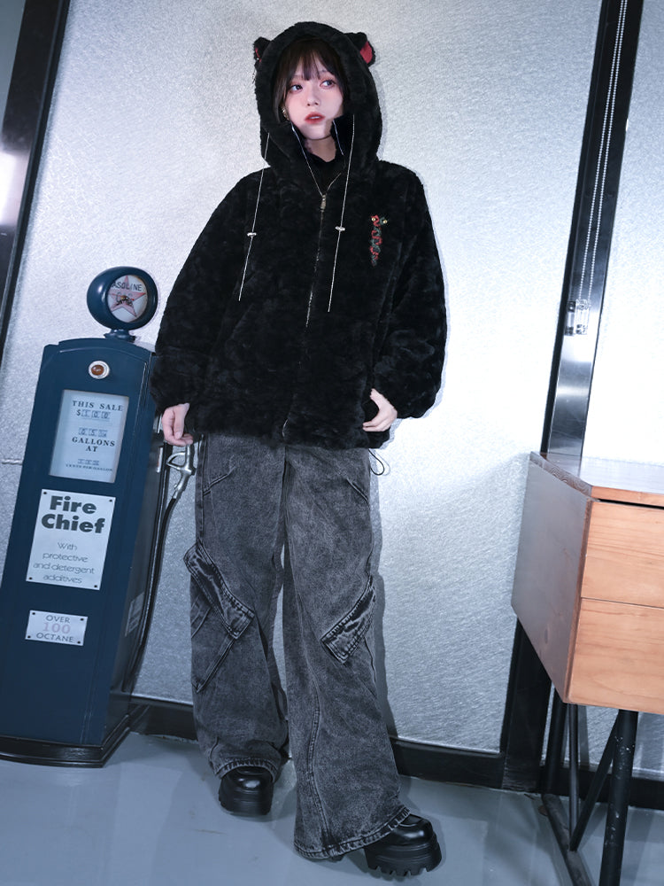 Drawstrings Coat Mythical Chain Cat Beast Metal Gothic with Hooded Ear Black Cheongsam Embroidery