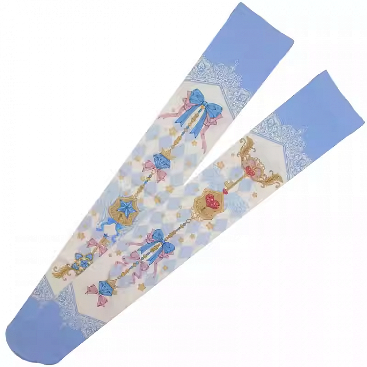 Yume Kawaii Blaues Rautenmuster Schleifendruck Süße Lolita Overknee-Strümpfe