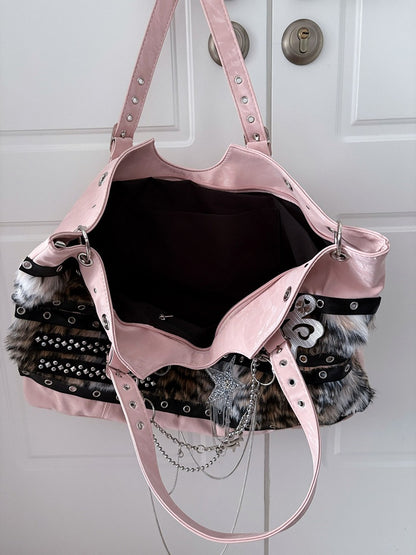 Pink Plush Y2K Tote with Star & Music Notes - Black Cherry Sauce