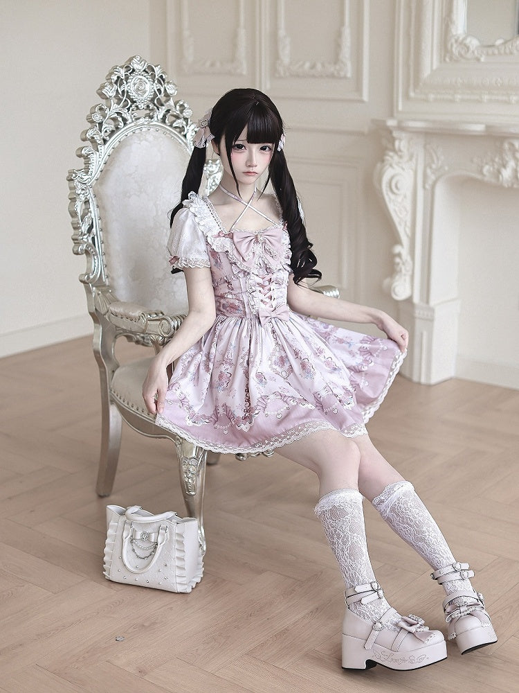 Ryousangata Floral Wall Print Pink Square Neck Short Sleeve Dress with Lace and Bow Details - Ekomi