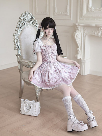Ryousangata Floral Wall Print Pink Square Neck Short Sleeve Dress with Lace and Bow Details - Ekomi