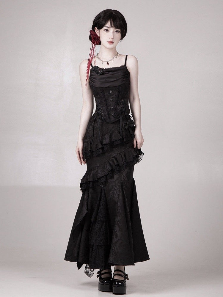 Top Gothic Lolita Ausschnitt Schwarz Vampir Korsett mit Knochen