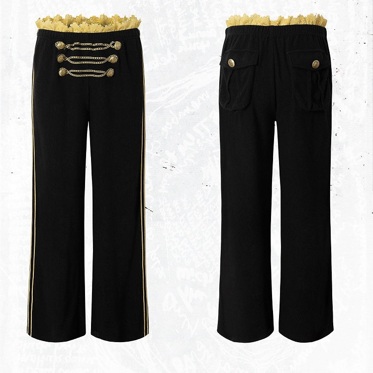 Black & Gold Double-Breasted Straight Leg Sweatpants with Lace Trim, Punk Style - NO ROMANCE