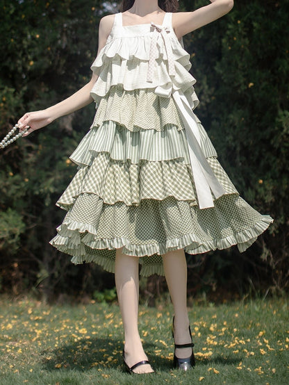 Rüschen gestuft mit Mori Kei Grün Patchwork Ärmelloses Kleid