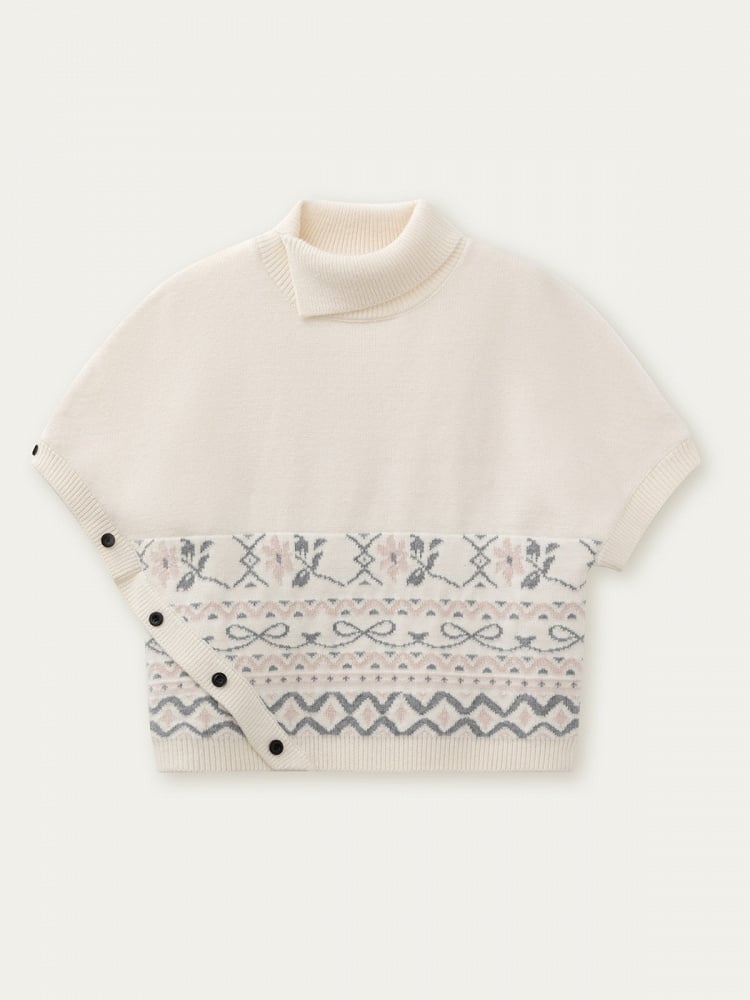 Pattern Short Beige Elegant Sleeve Vintage Asymmetrical with Sweater