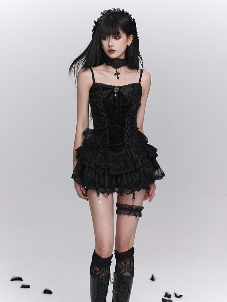 Gothic Cami Top Bow Gemstone Black with Crisscross Lacing