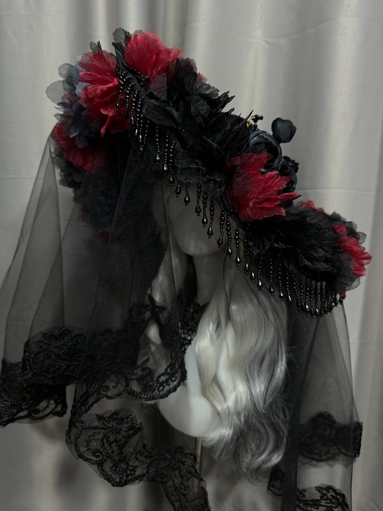 Black Red Gothic Floral Long Lace Trim Hat Beaded Tassel - Custom Made Earrings