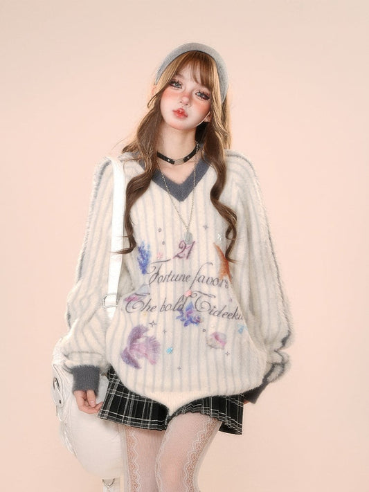 Ocean Print V-Neck White Plush Sweater Stripes with