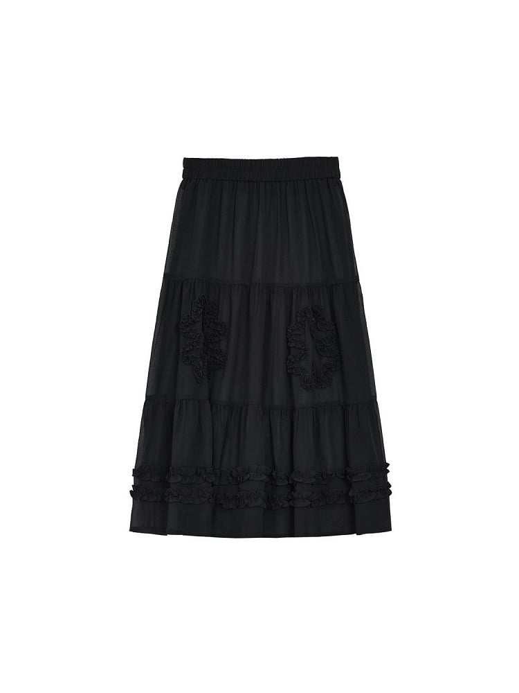 Ruffle Details Waistband Skirt Daily Elastic Kawaii Black with