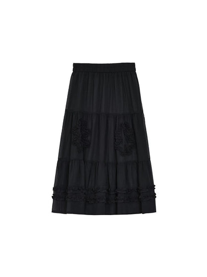 Ruffle Details Waistband Skirt Daily Elastic Kawaii Black with