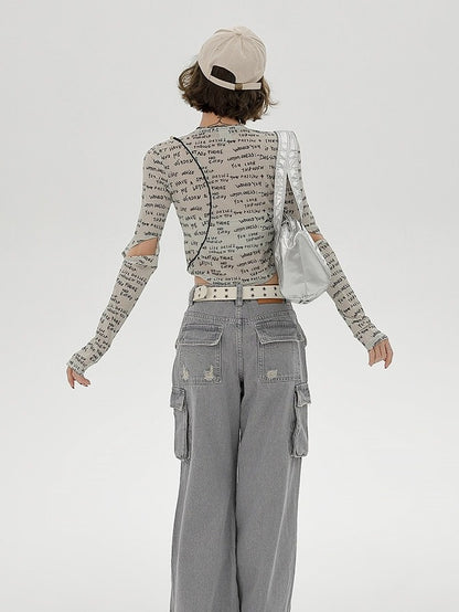 Gray Asymmetrical Design Long Sleeve Letter Printed T-Shirt - Girlyhalo