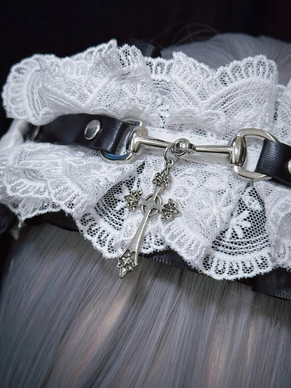 Alternative Leather Black Bunny Plush Ear Style Strap with White Droopy Dark Lace KC