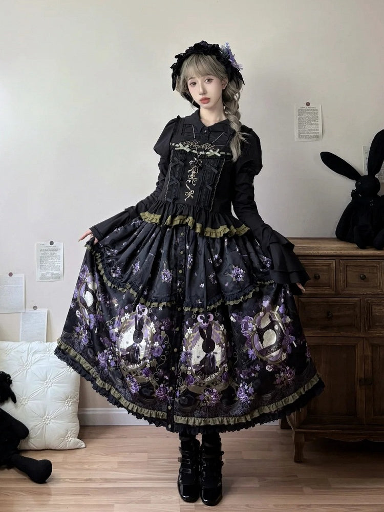 Front Placket Floral Bunny and with Jacquard Lolita Skirt Print Button