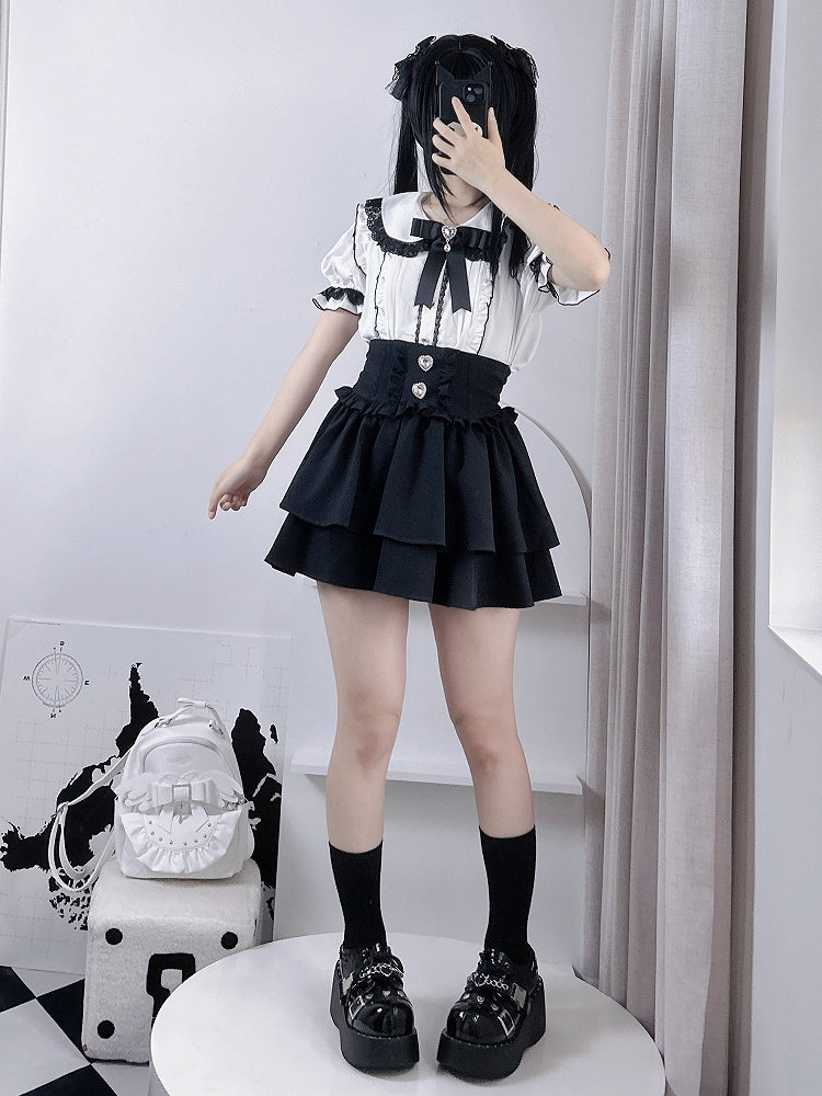 Tiered Skirt Rhinestones Embellished Jirai Kei Black/White/BlackWhite Heart