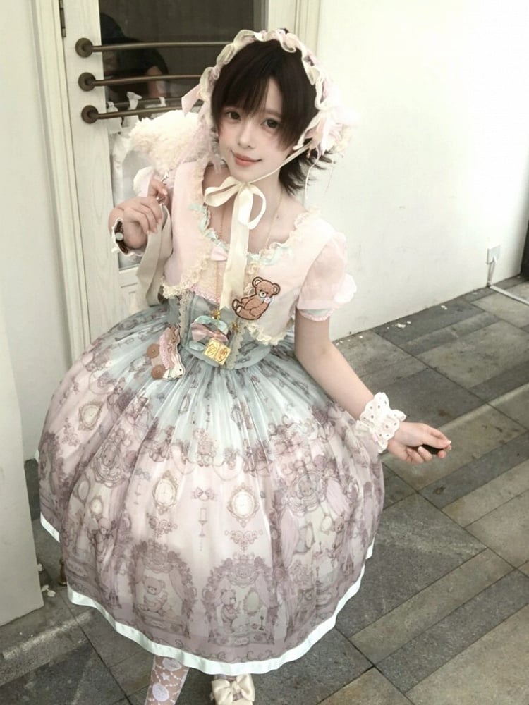 Rose & Mint Short Sleeve OP Gown with Bear Motif - Lunethe